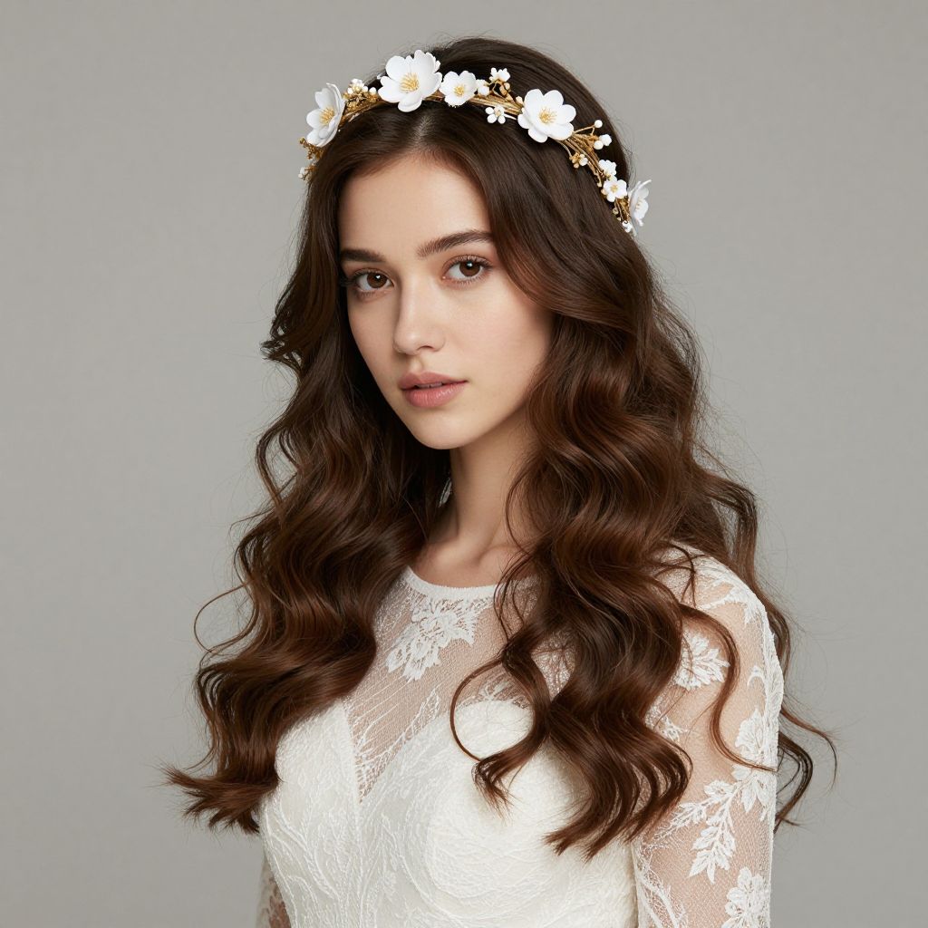 Elegant Bride with Floral Headband and Wavy Hair in White Lace Dress