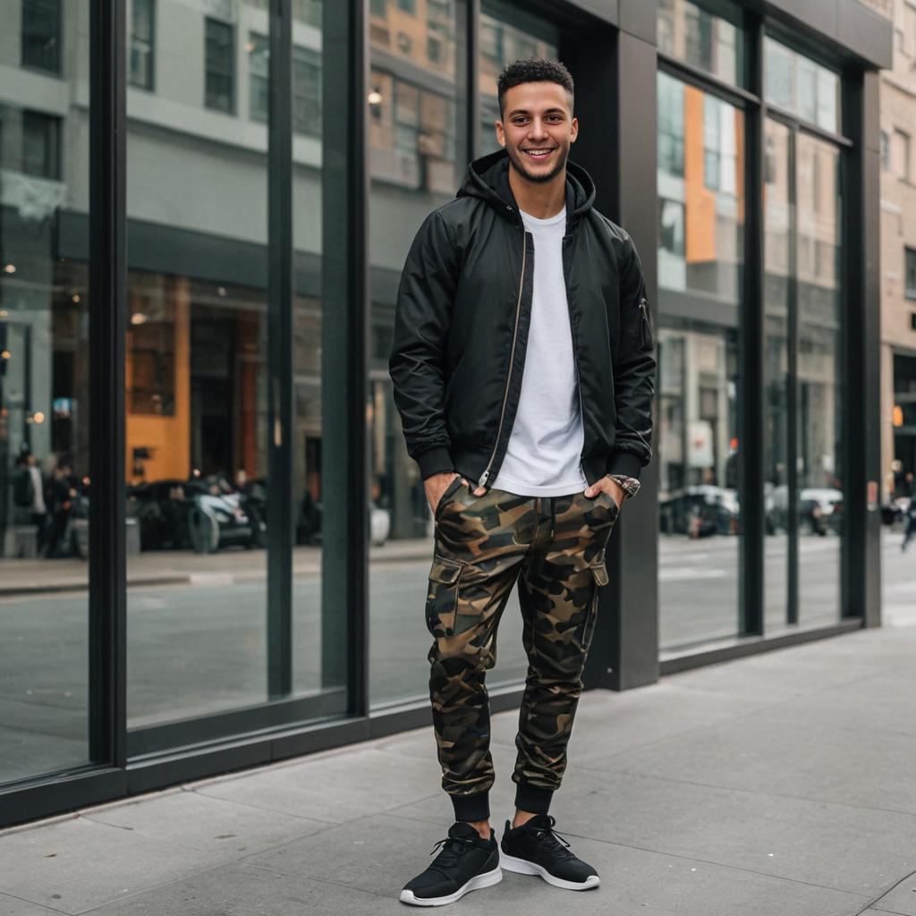 Stylish man in black jacket and camouflage pants