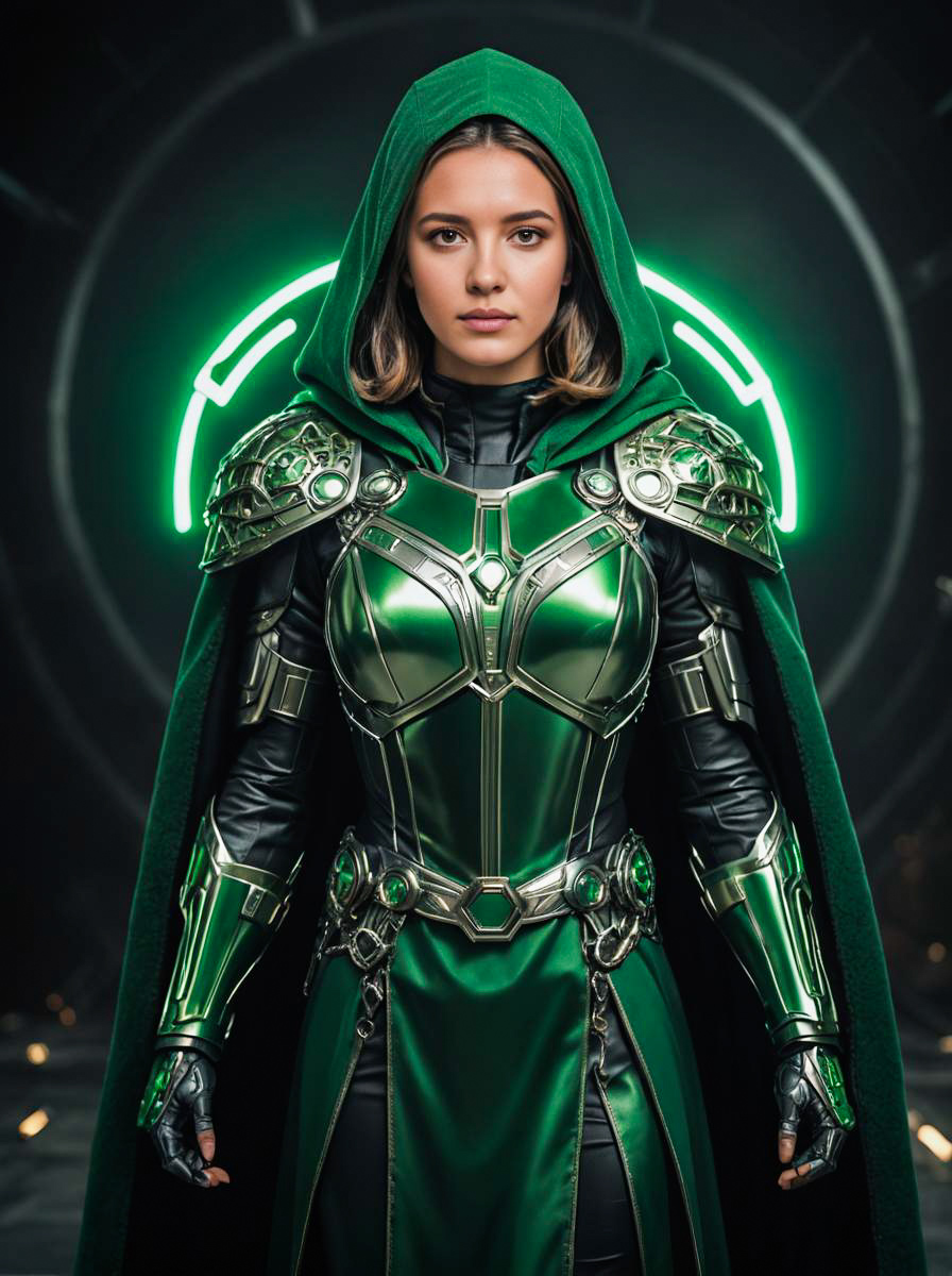 Woman in Doctor Doom Costume with Hooded Cape