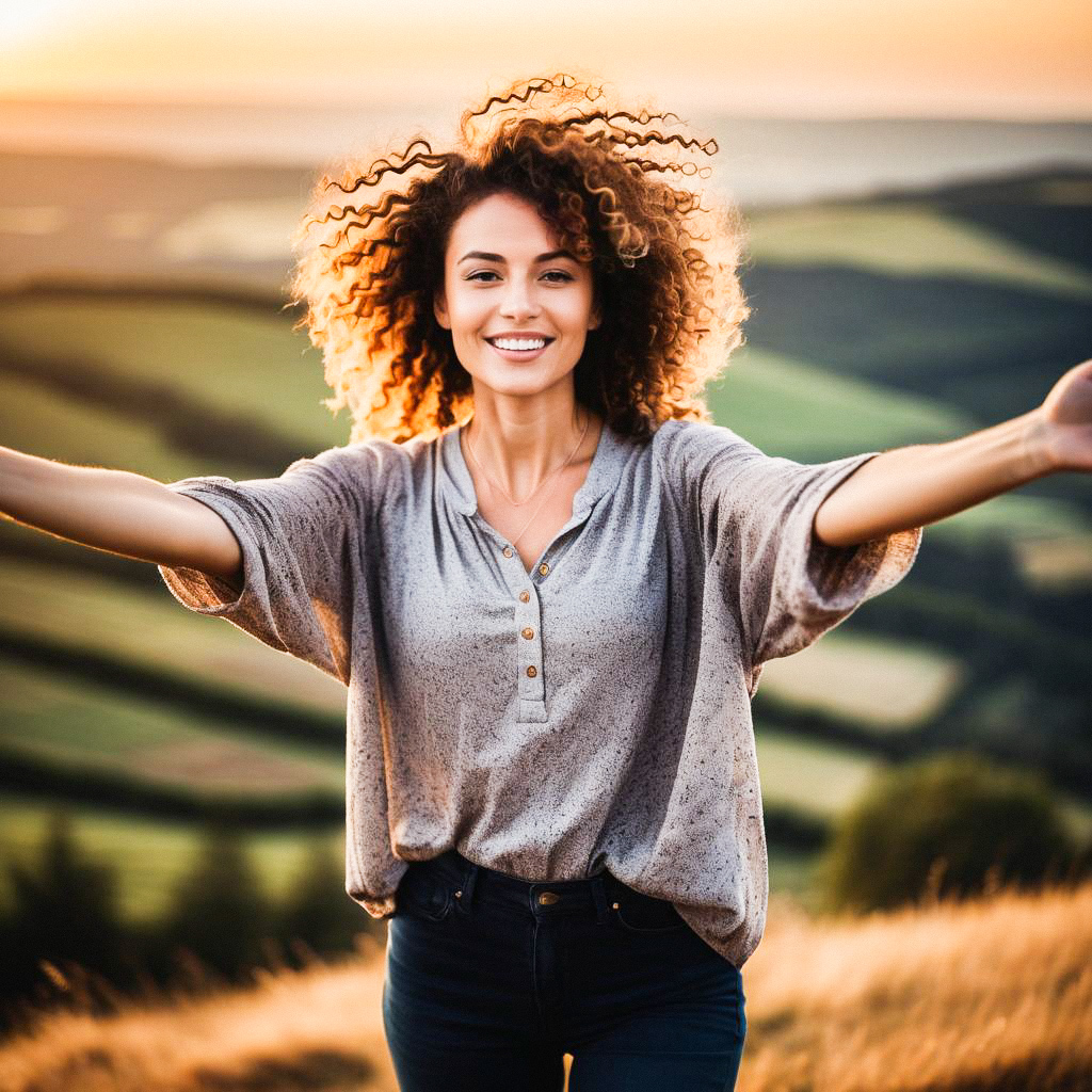 Joyful Woman in Scenic Field at Golden Hour