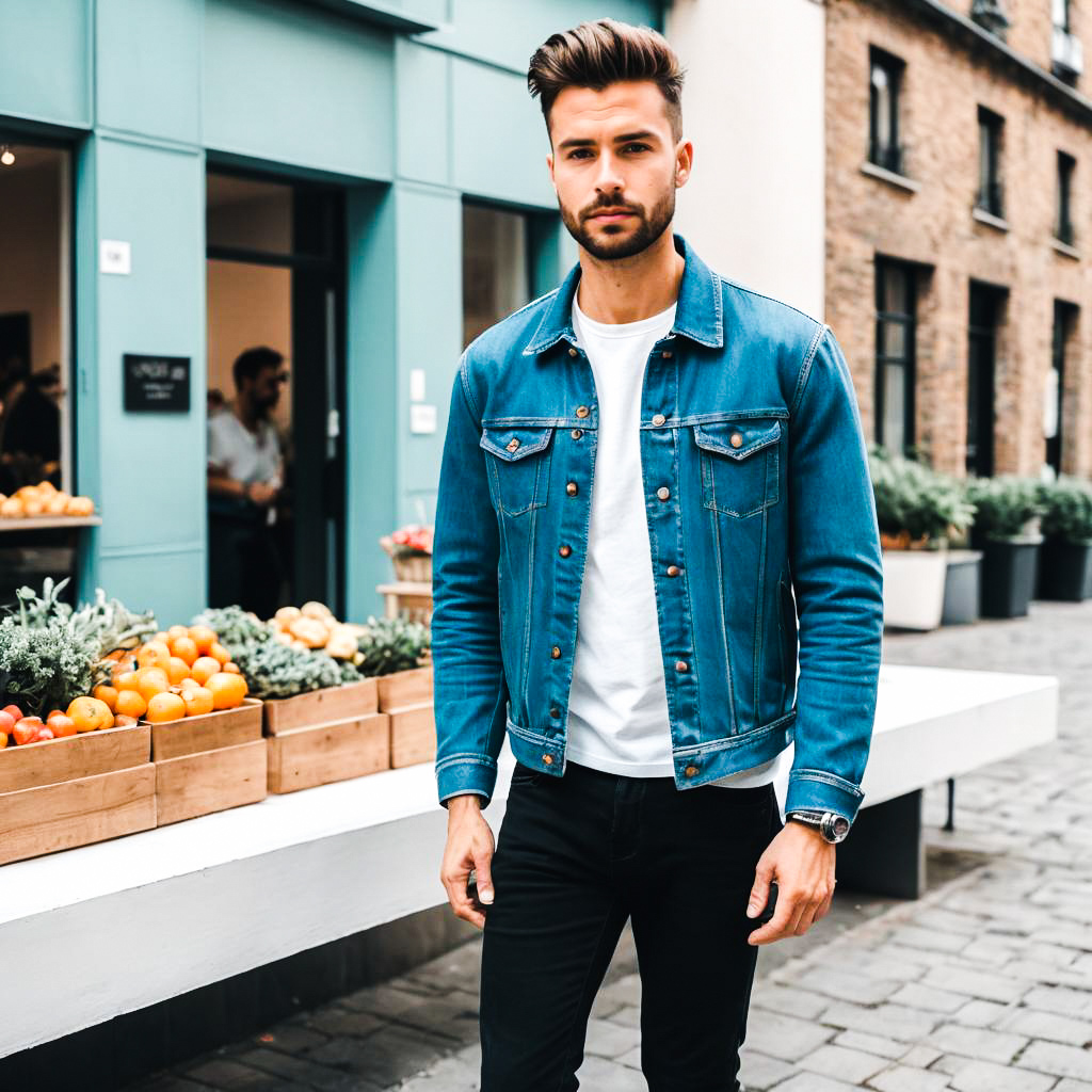 Stylish Man in Denim Jacket at Fruit Market