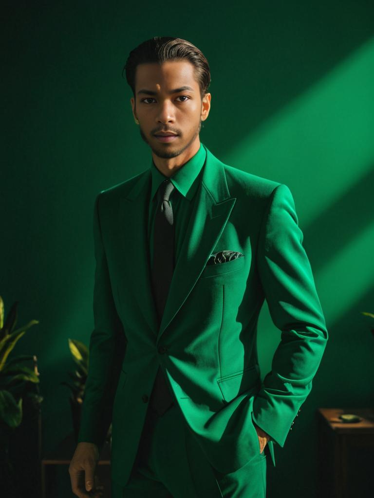 Elegant Man in Emerald Green Suit with Artistic Green Lighting