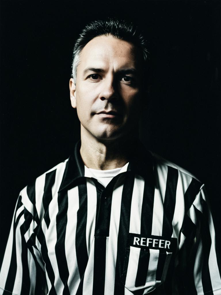 Man in Referee Costume Waist Up Editorial Portrait Photorealistic