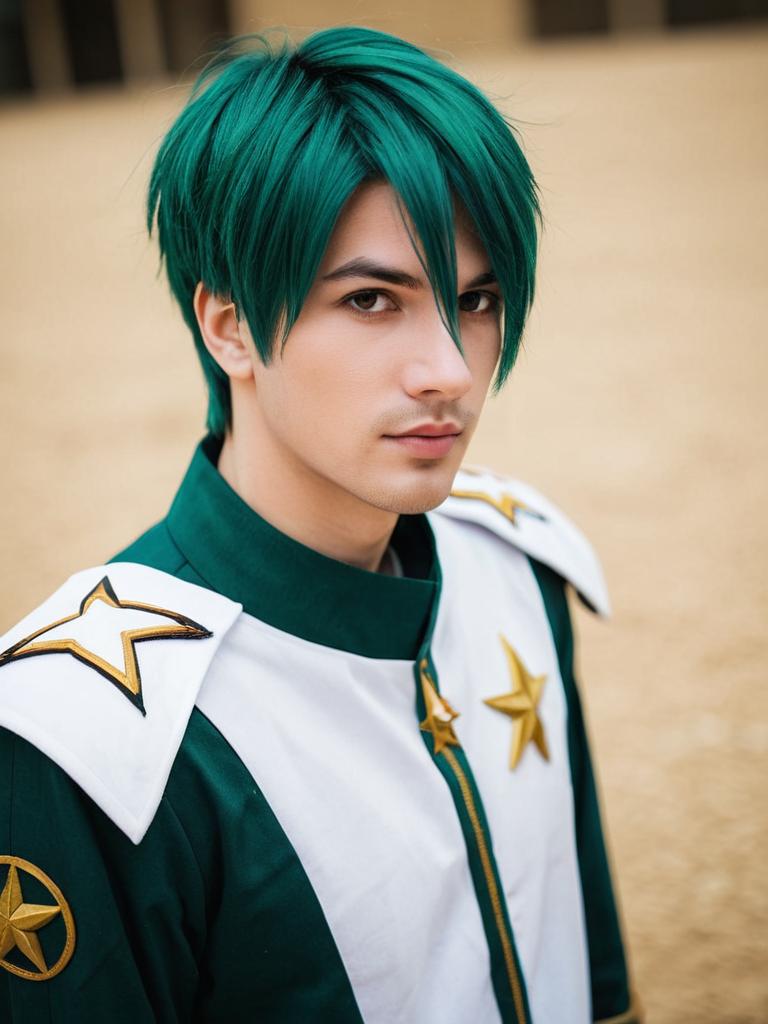 Young Man in Teal Hair and Star-Emblazoned Cosplay Outfit