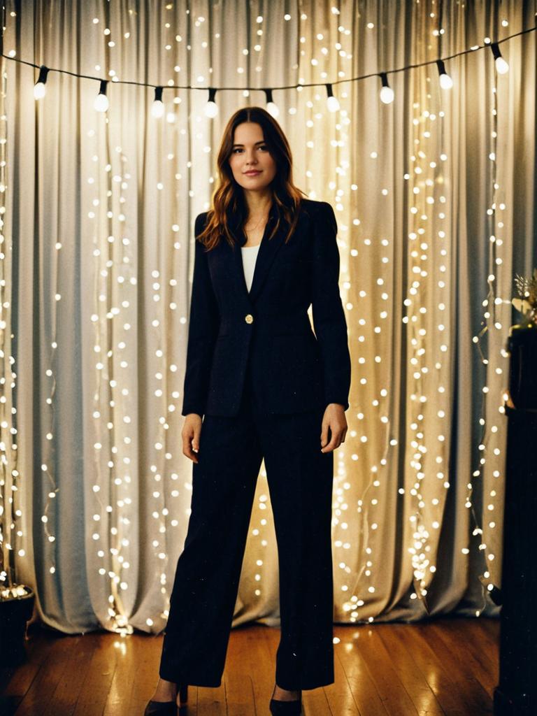 Confident Woman in Black Suit with String Lights Background