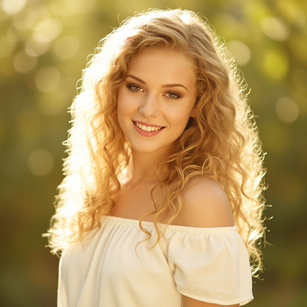 Portrait of Smiling Blonde Woman with Curly Hair in Golden Sunlight