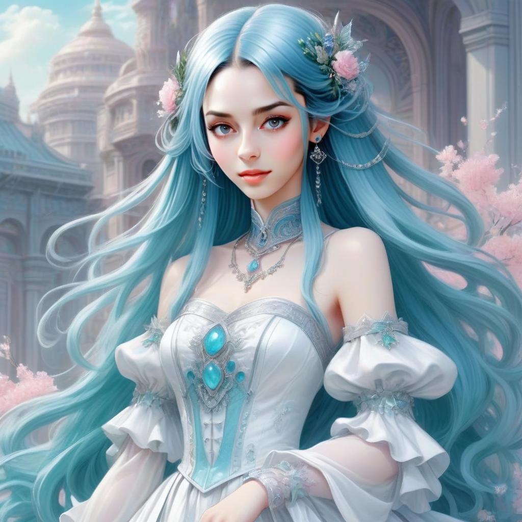 Fantasy Woman with Blue Hair and Elegant Gown