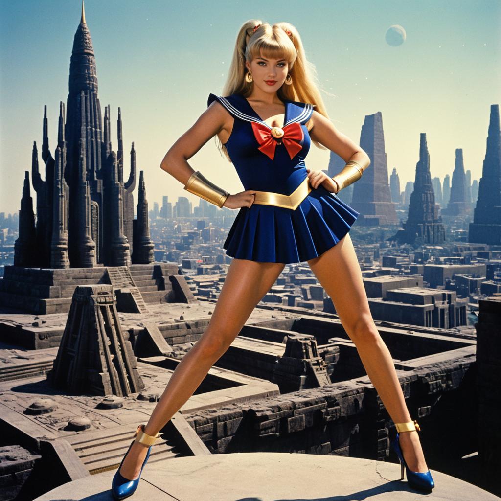 Confident Woman in Sailor Outfit Posing in Futuristic Sci-Fi Cityscape