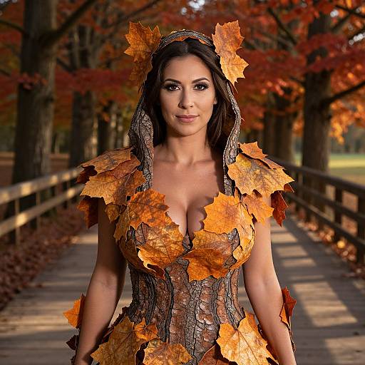 Woman in Autumn Leaf and Bark Costume on Woodland Path