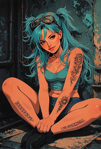 Cyberpunk Girl with Turquoise Hair and Tattoos Sitting in Industrial Setting
