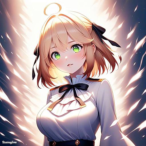 Anime Style Blonde Woman with Green Eyes in White Outfit
