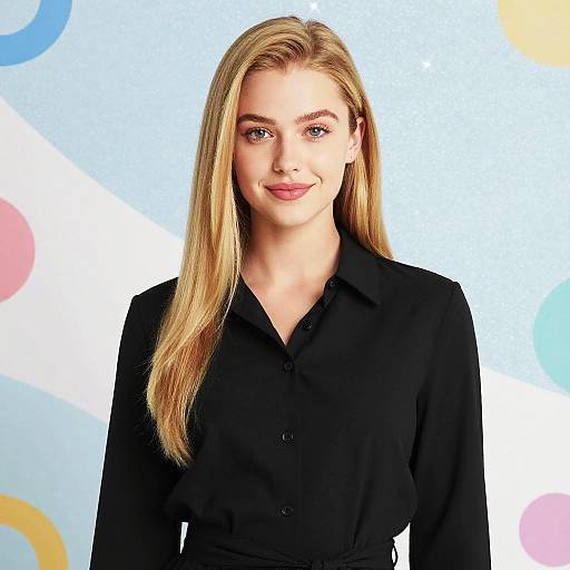 Confident Young Woman in Black Shirt with Pastel Colorful Background