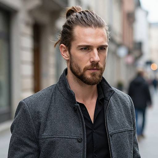 Stylish Bearded Man with Hair Bun in Urban Street Fashion