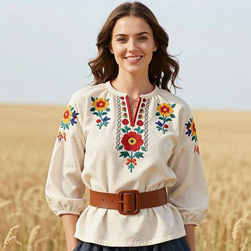 Woman in Traditional Ukrainian Embroidered Blouse in Wheat Field