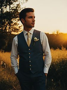 Man in Stylish Summer Wedding Outfit Outdoor Portrait at Golden Hour