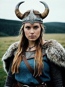 Woman in Authentic Viking Costume with Horned Helmet and Fur