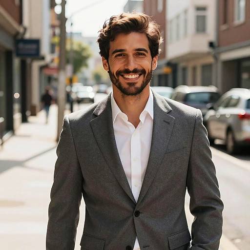 Smiling Young Man in Gray Suit on Urban Street
