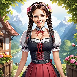 Young Woman in Traditional Alpine Costume in Mountain Village