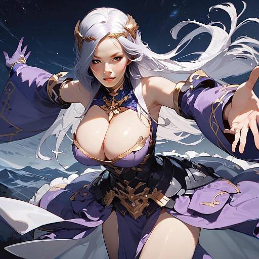 Fantasy Anime Woman in Purple and Gold Costume Digital Artwork