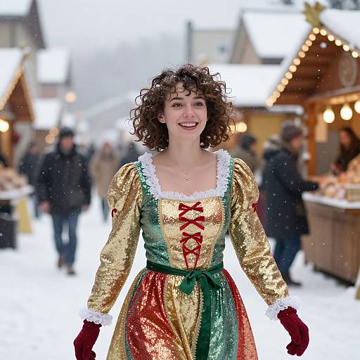 Woman in Glittering Traditional Dress at Snowy Winter Market