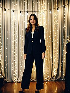 Confident Woman in Black Suit with String Lights Background