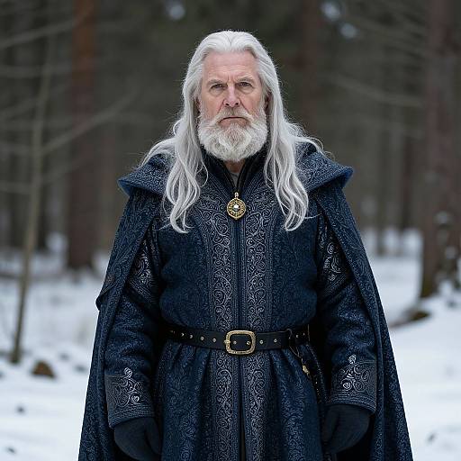 Elderly White-Haired Man in Medieval Fantasy Costume in Snowy Forest