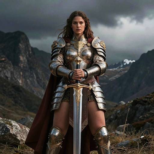 Woman in Medieval Knight Armor Holding Sword in Mountainous Landscape