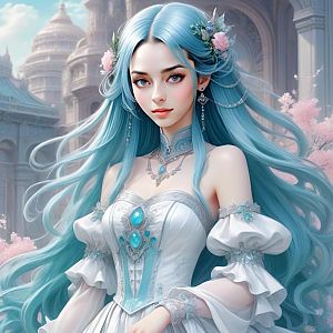 Fantasy Woman with Blue Hair and Elegant Gown