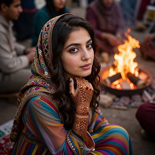 Young Woman in Traditional Dress with Henna by Fire