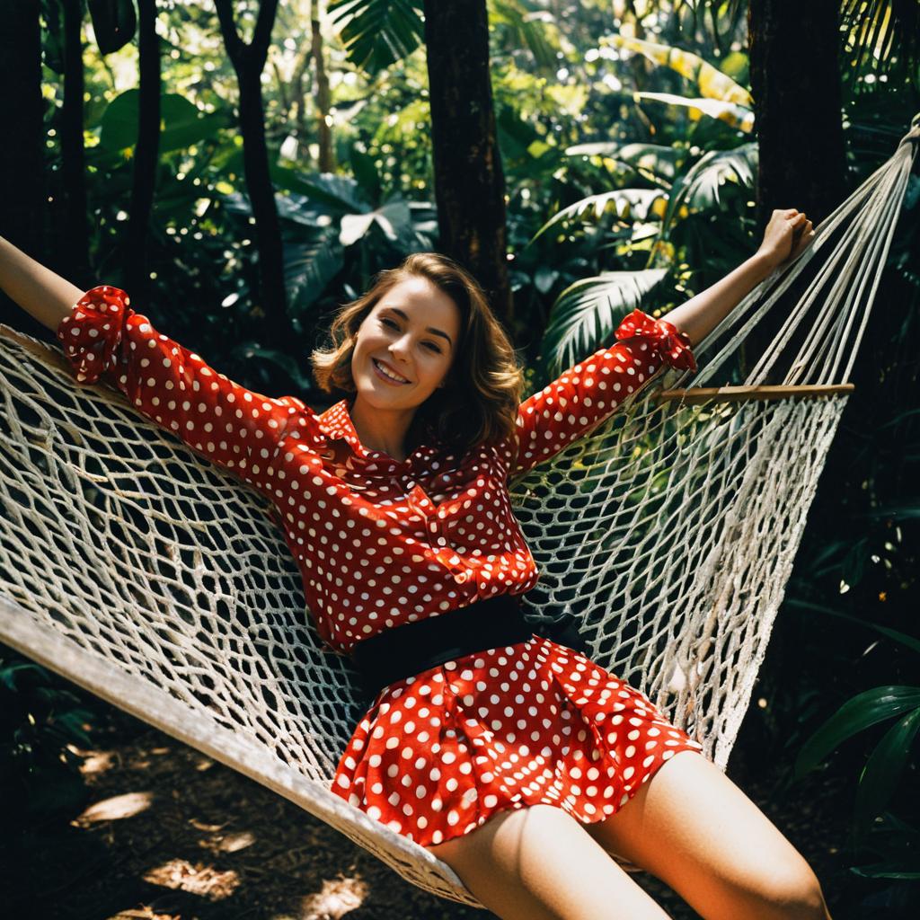 Cheerful Woman in Red Polka Dot Dress in Tropical Hammock