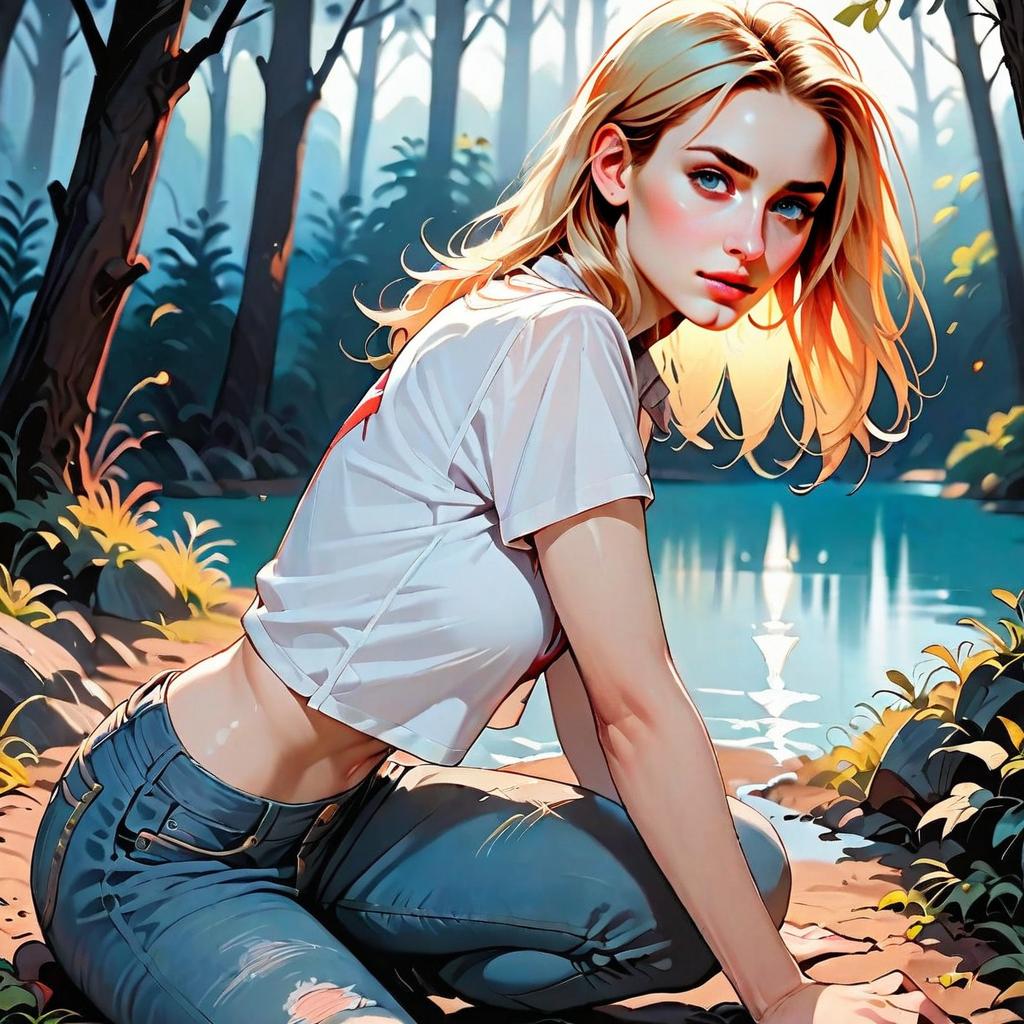 Digital Art of Blonde Woman by Forest Lake in Stylized Realism