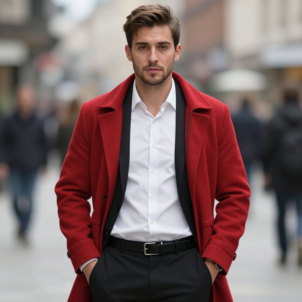 Stylish Young Man in Red Coat Walking on City Street