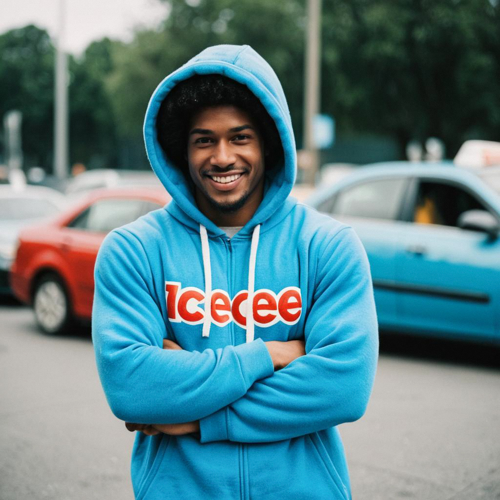 Young Man in Blue Hoodie Smiling Outdoors