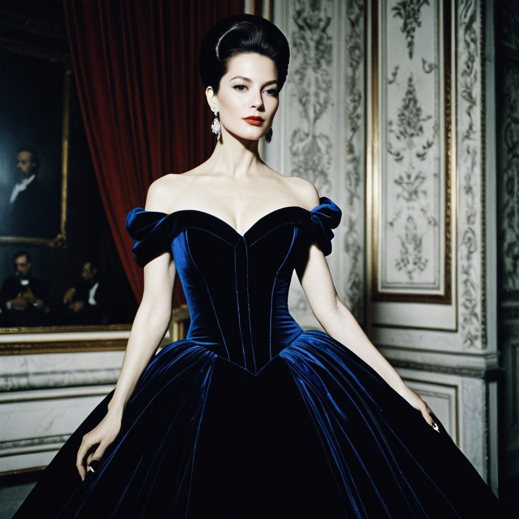 Elegant Woman in Deep Blue Velvet Ball Gown in Vintage Classic Interior