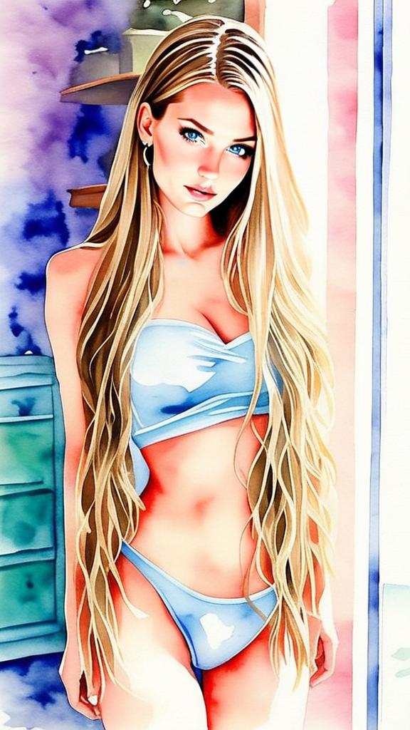 Young Woman in Light Blue Bikini - Watercolor Art Young Woman in Light Blue Bikini - Watercolor Art