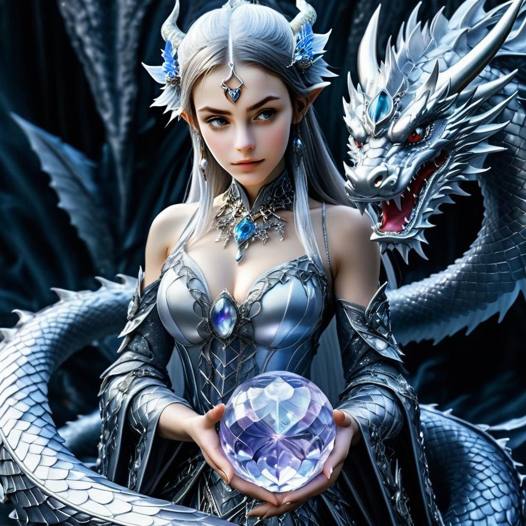 Mystical Woman with Crystal Orb and Silver Dragon Fantasy Artwork