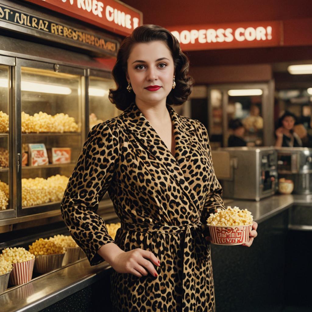 Elegant Woman in Leopard Print Dress at Vintage Movie Theater