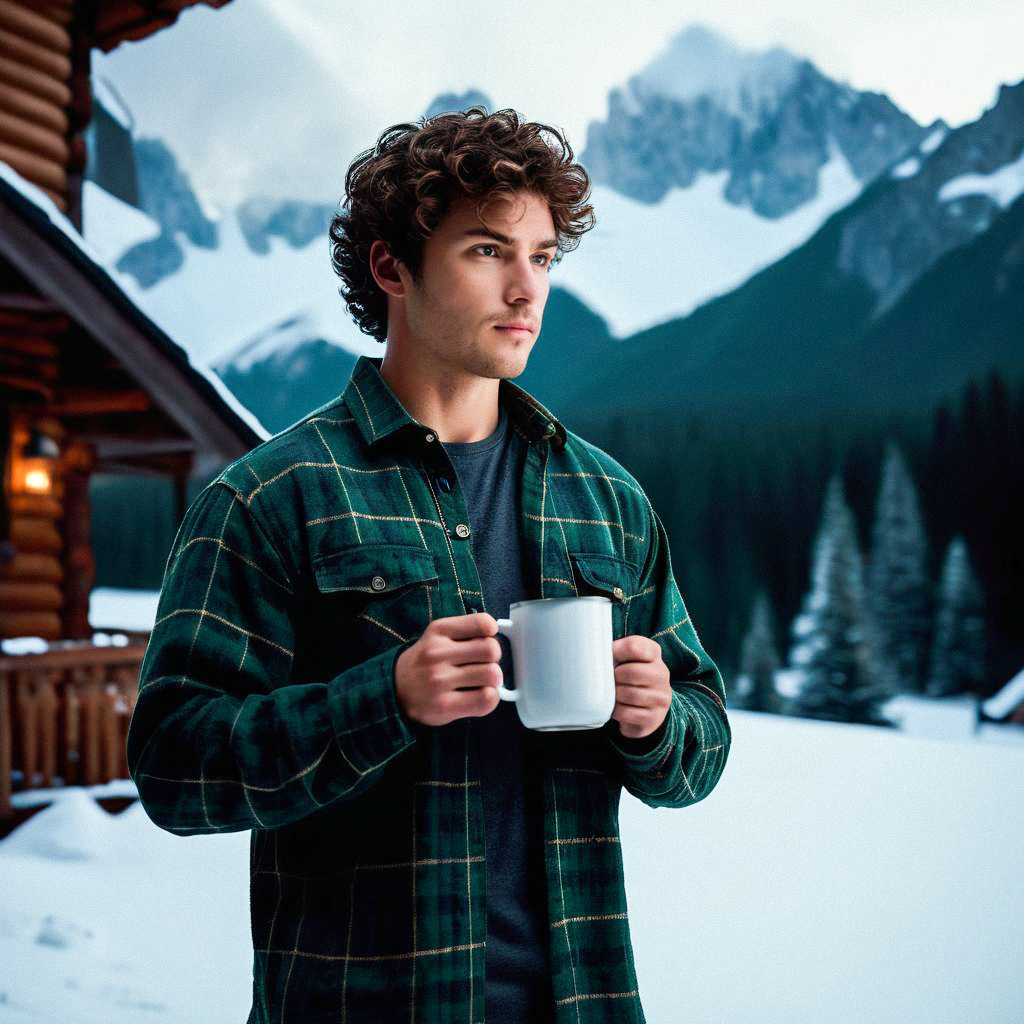 Young Man with Mug Outside Rustic Cabin in Winter Mountains Young Man with Mug Outside Rustic Cabin in Winter Mountains