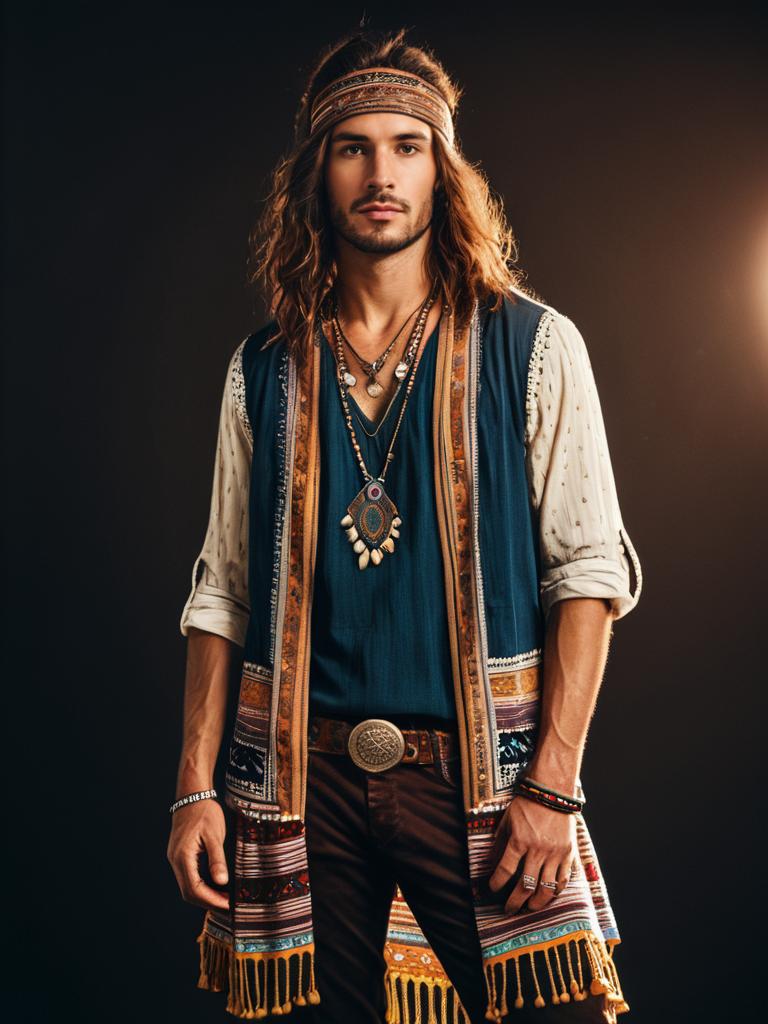Man in Bohemian Style Outfit Photorealistic Detailed Studio Portrait