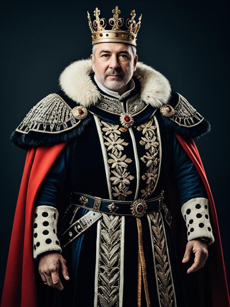 Man in Royal King Costume with Gold Embroidery and Crown Studio Portrait
