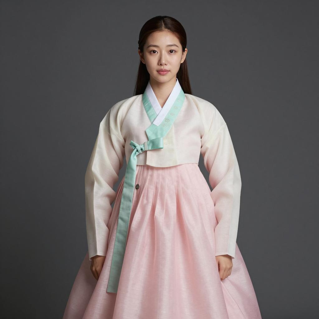 Young Woman Wearing Traditional Korean Hanbok in Pastel Colors