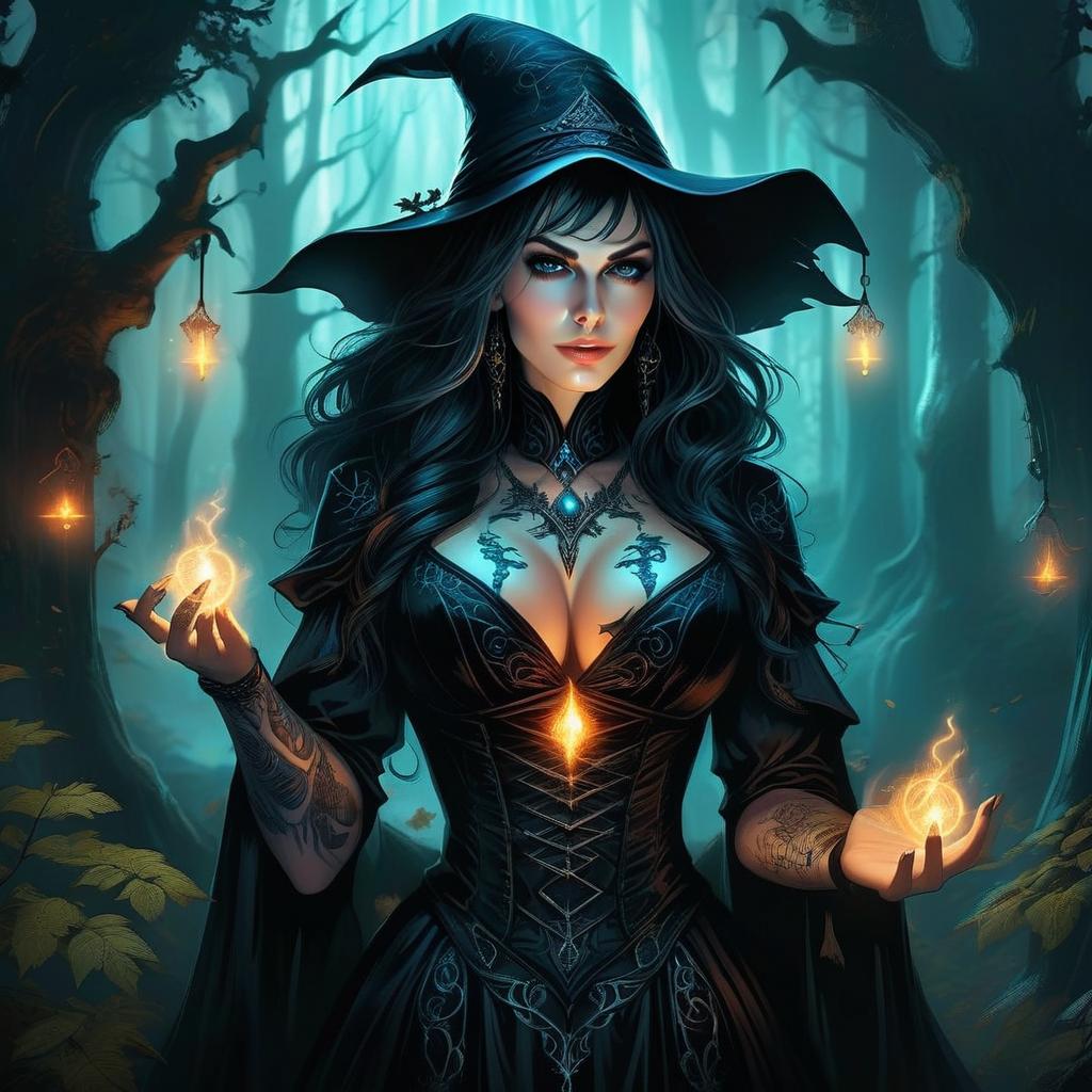 Dark Fantasy Witch Woman with Magical Orbs in Enchanted Forest