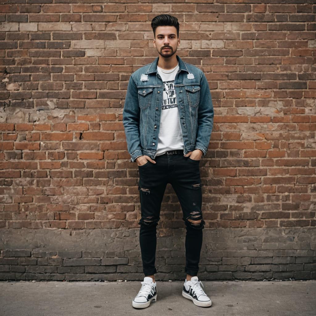 Stylish man in denim jacket against brick wall