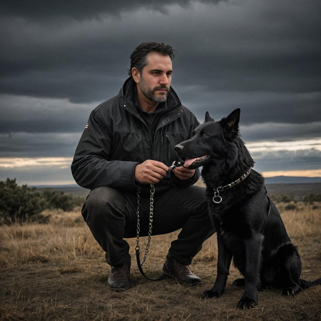 Man and Black Dog in Rural Setting