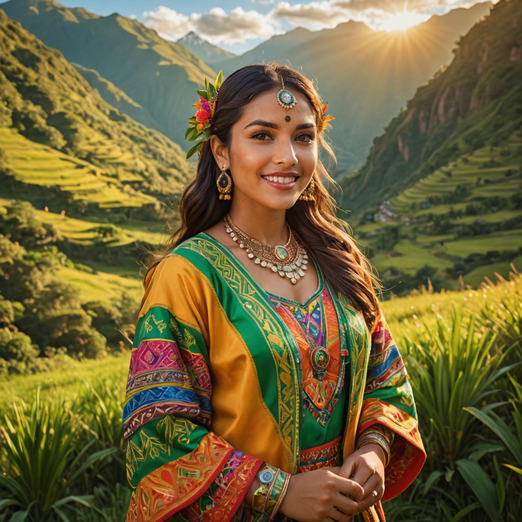 Peruvian Woman in Traditional Attire with Andes Mountains