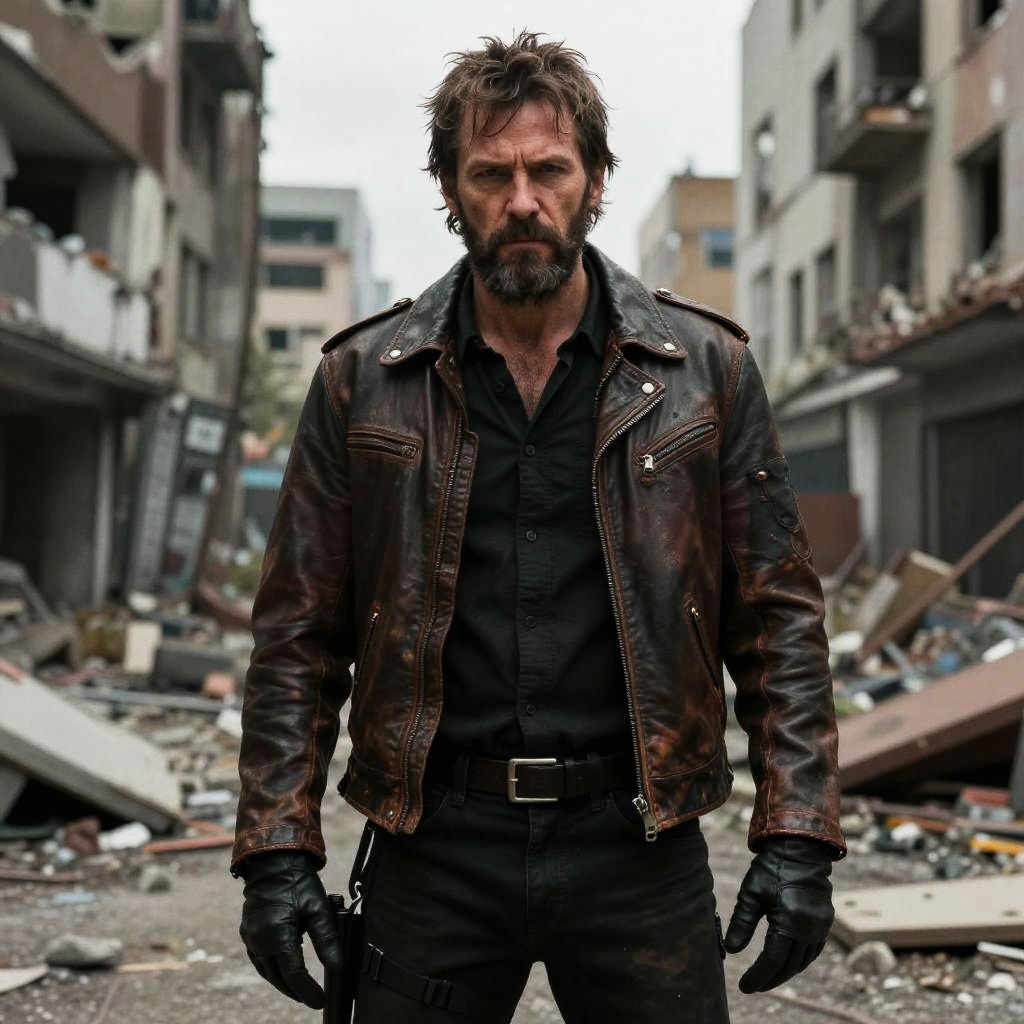 Rugged Man in Leather Jacket Standing in Post-Apocalyptic Urban Street