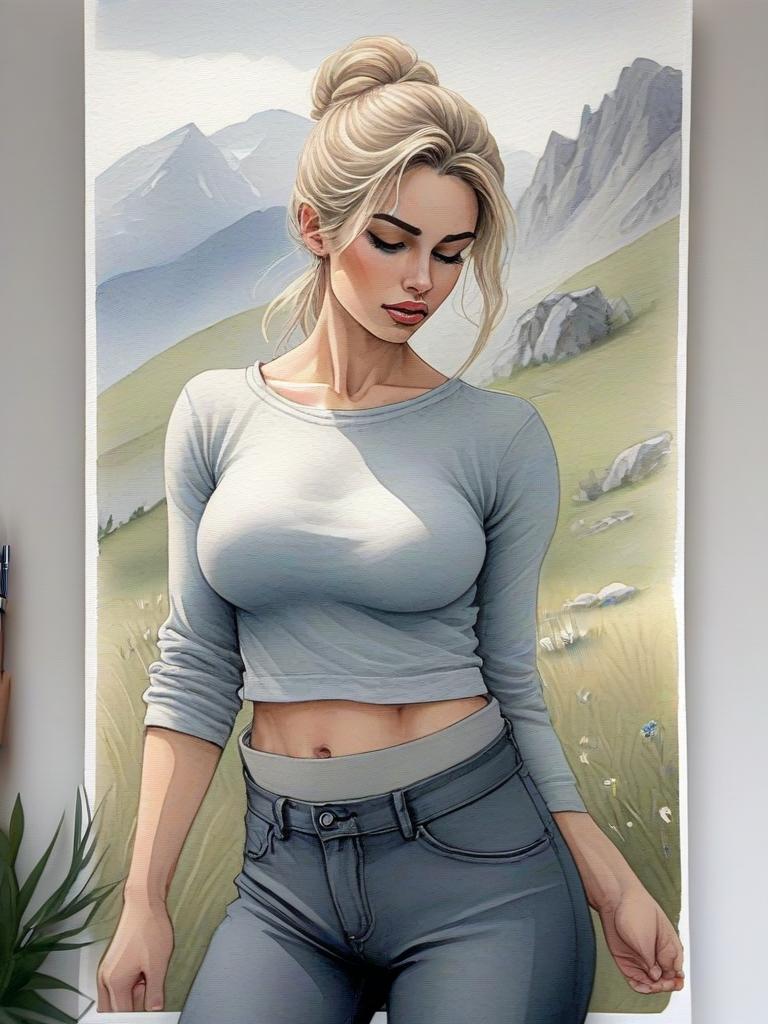 Serene Woman in Lush Landscape with Mountains Serene Woman in Lush Landscape with Mountains