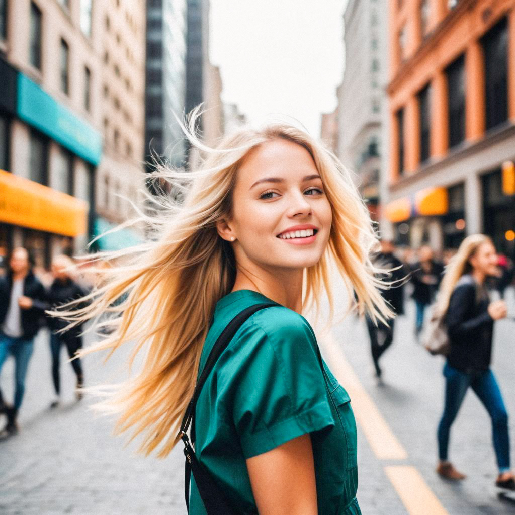 Young Woman in Green Outfit Smiling on Urban Street