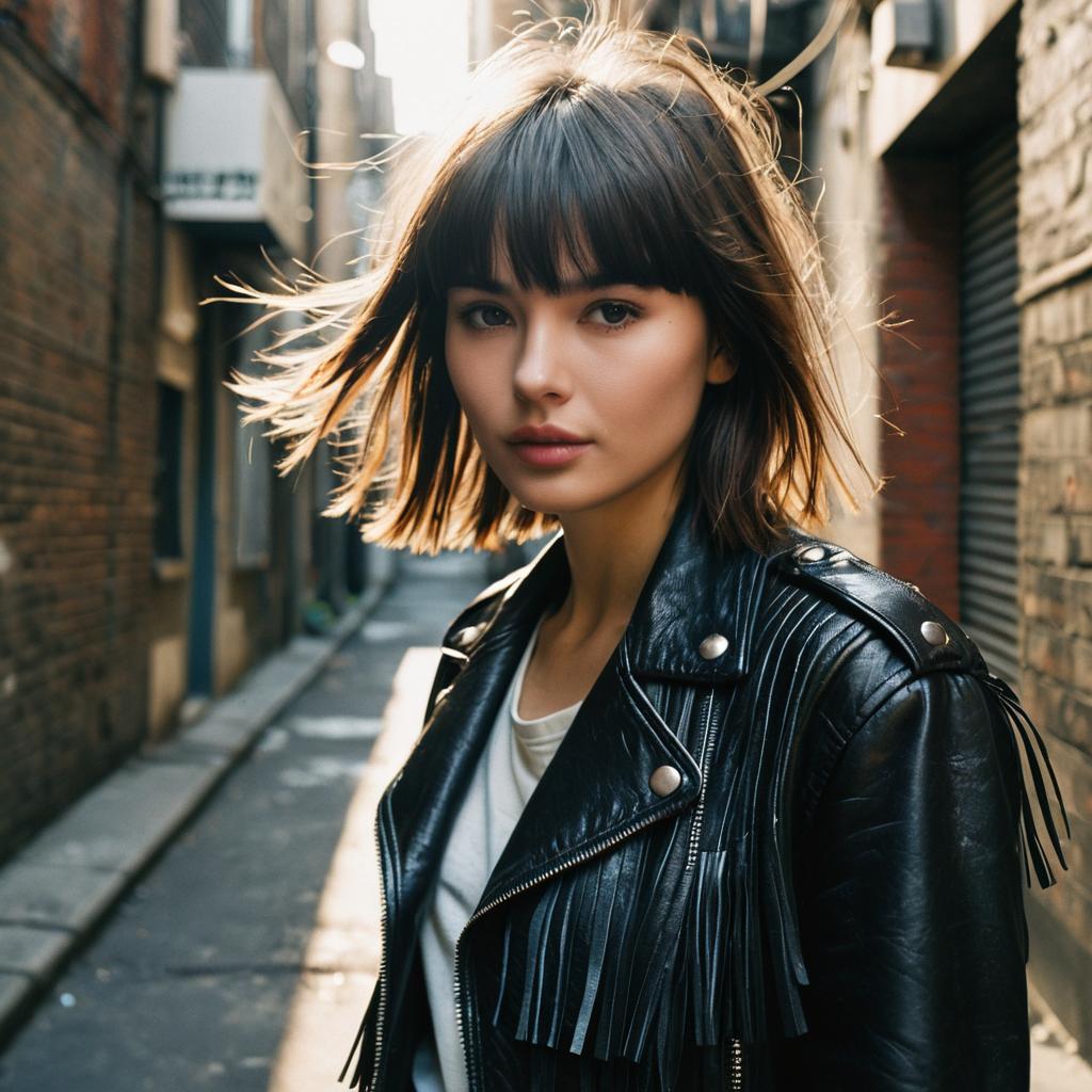 Young Woman in Black Leather Jacket Standing in Urban Alleyway
