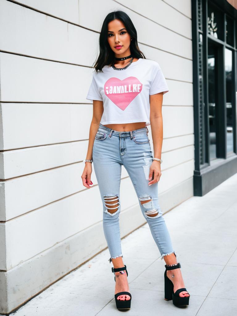 Woman Wearing Casual White Cropped Graphic T-Shirt with Pink Heart Print and Light Washed Ripped Jeans